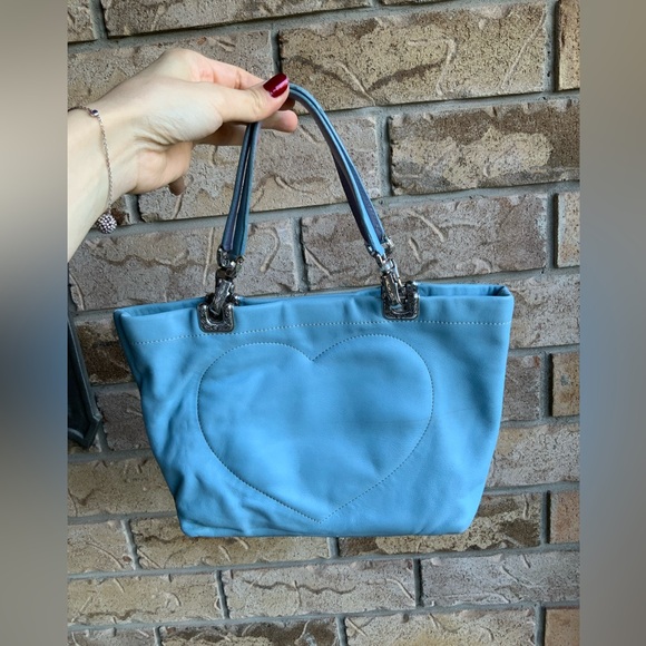 Vintage BRIGHTON Blue Smooth Leather Heart Stitched Small Tote Purse Romantic - Picture 8 of 16